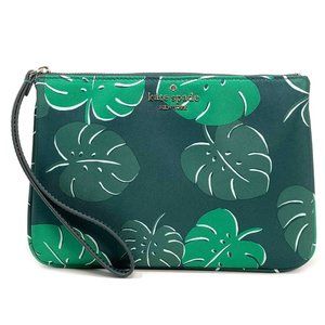 Kate Spade Chelsea Monstera Leaves Printed Medium Nylon Zip Wristlet Green